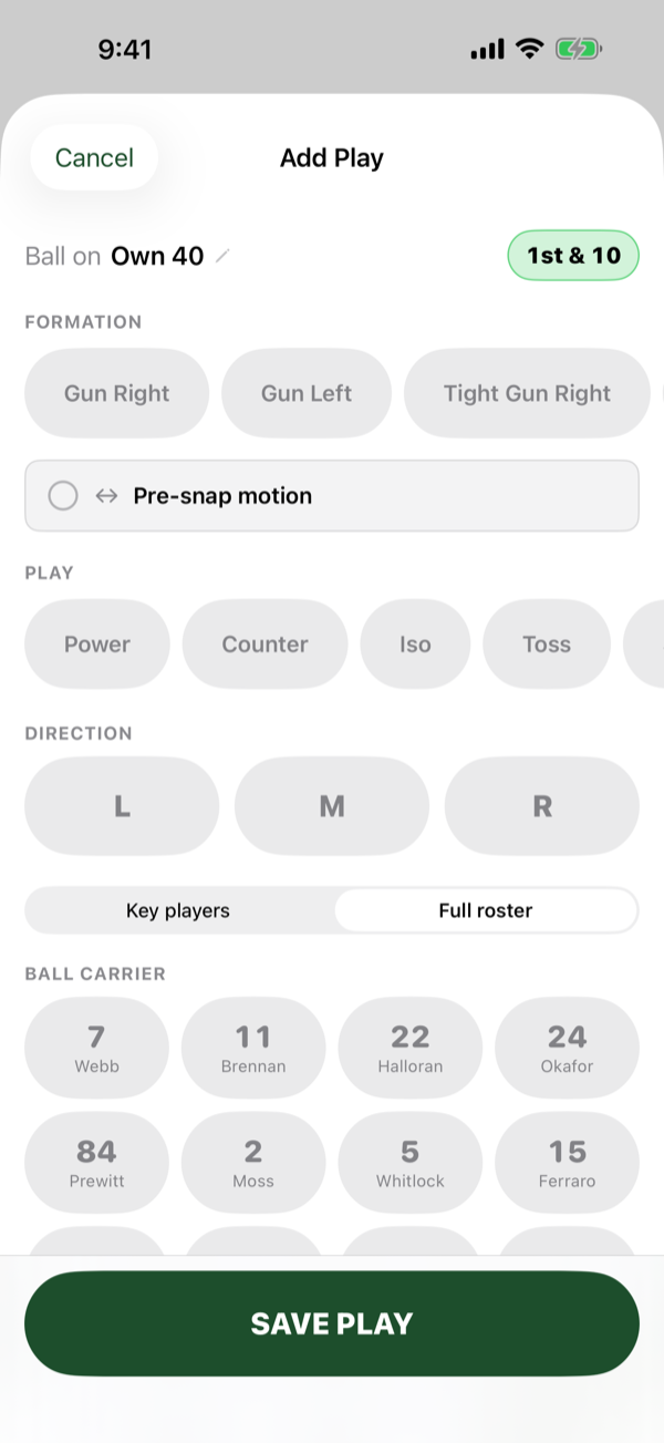 The Add Play form with formation chips, play chips, direction buttons and a grid of players by jersey number.