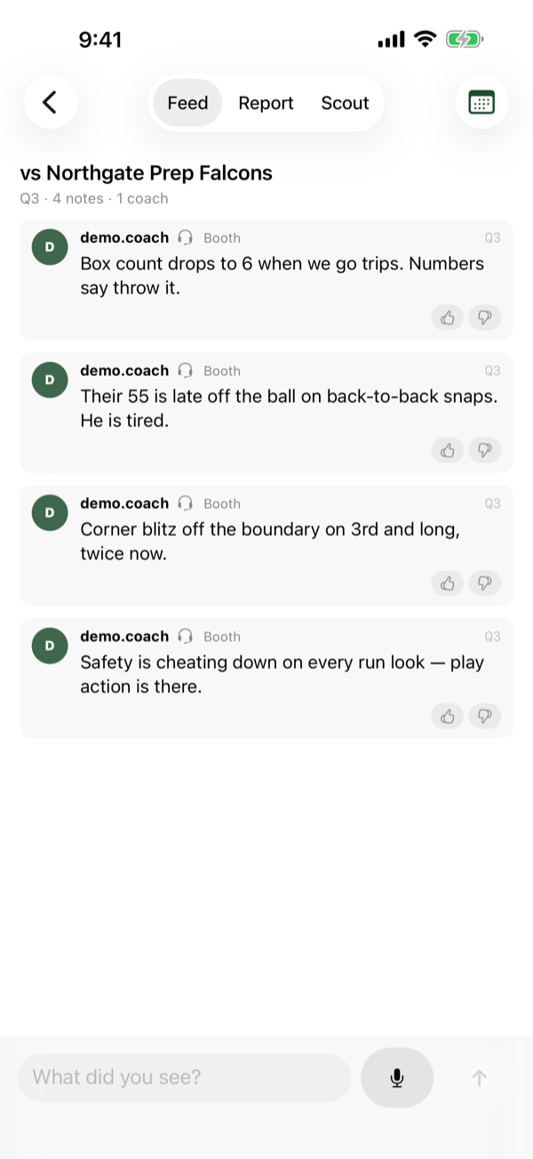 The Booth: a shared feed of staff notes, each showing who wrote it, whether they were in the booth or on the field, and which quarter.