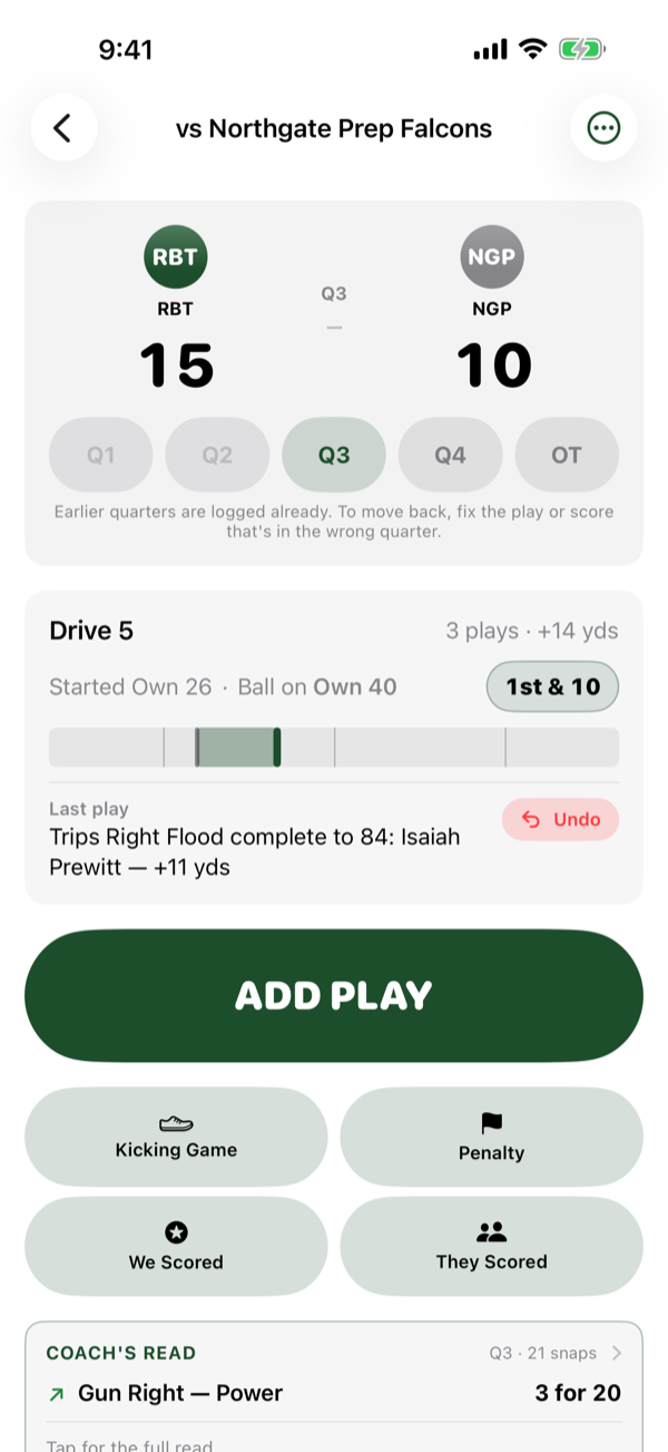 The game screen during a live game: the score bug reading 15 to 10 in the third quarter, the current drive, and a large ADD PLAY button.
